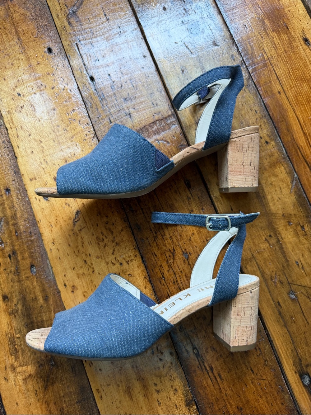 Anne Klein iflex 6.5 Open-Toe Denim Blue  cork Heel Sandals with Ankle Strap